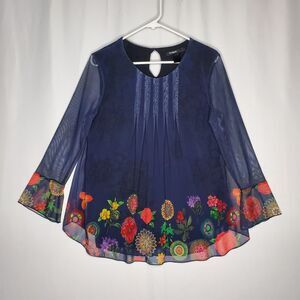 Desigual Mesh Top Women Large Blue Floral Sequin Bell Flare Sheer Overlay Lined